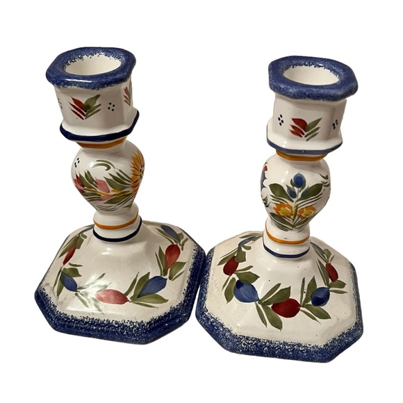 Vintage Herriot Quimper Porcelain Set of 2 Candlestick Holders France 5.75” - Picture 4 of 7